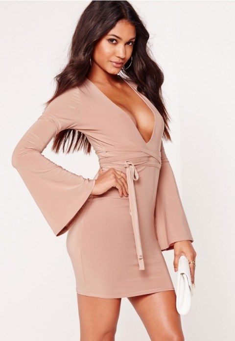 MISSGUIDED – slinky plunge long sleeve tie waist bodycon dress rose pink – party dresses – going out fashion – plunging front evening wear – glamour – glamorous looks - flipped