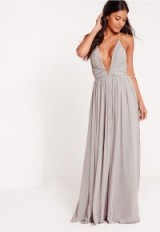 Missguided strappy pleated plunge maxi dress grey ~ long party dresses ~ plunging front gowns ~ evening gowns ~ occasion wear