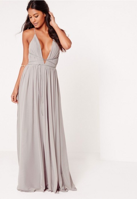 Missguided strappy pleated plunge maxi dress grey ~ long party dresses ~ plunging front gowns ~ evening gowns ~ occasion wear - flipped