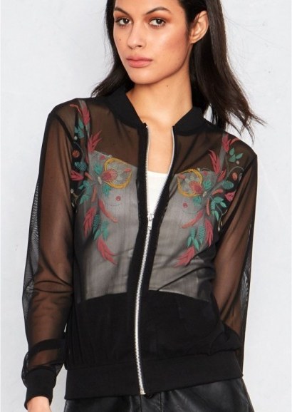 MISSY EMPIRE AIKO BLACK MESH EMBROIDERED BOMBER JACKET. Sheer jackets | casual fashion | floral embroidery - flipped
