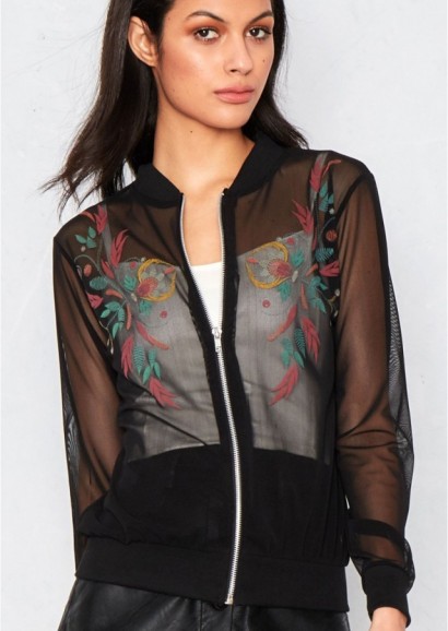 MISSY EMPIRE AIKO BLACK MESH EMBROIDERED BOMBER JACKET. Sheer jackets | casual fashion | floral embroidery