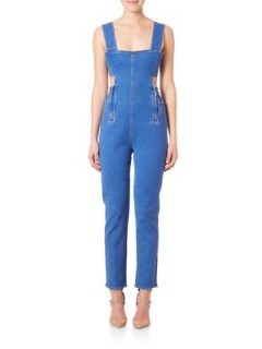 Kendall + Kylie Side-Cutout Denim Jumpsuit – as worn by Kylie Jenner, trying on clothes with Kendall on Instagram, 23 June 2016. Celebrity fashion | star style | blue cut out jumpsuits - flipped