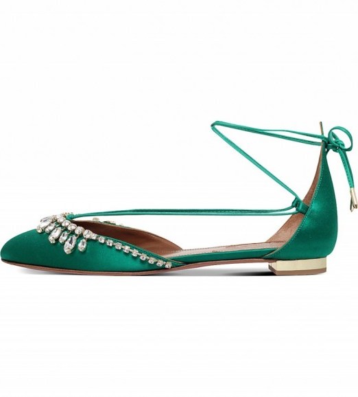 AQUAZZURA Alexa jewel-embelished ballet flats in mid green. Luxe style flat shoes | embellished footwear | designer accessories - flipped