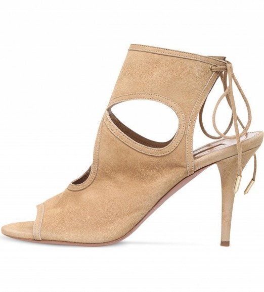 AQUAZZURA Sexy thing 85 suede heeled sandals in beige – luxe heels – designer shoes – cut out high heels – iconic fashion – luxury accessories - flipped