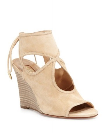 Aquazzura Sexy Thing Suede Wedge Sandal, Nude. Designer wedges | cut out sandals | luxe shoes | wedged high heels - flipped