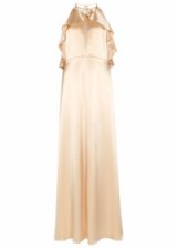 JILL JILL STUART Arabella oyster ruffled-halterneck satin gown ~ elegant occasion gowns ~ long event dresses ~ luxe style fashion ~ chic evening wear ~ ruffle halter neck ~ slinky fabric