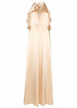JILL JILL STUART Arabella oyster ruffled-halterneck satin gown ~ elegant occasion gowns ~ long event dresses ~ luxe style fashion ~ chic evening wear ~ ruffle halter neck ~ slinky fabric - flipped