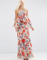 ASOS Beautiful Floral Ruffle Front Cold Shoulder Maxi Dress ~ off the shoulder style ~ long summer dresses ~ summer party ~ holiday fashion ~ bold flower prints ~ ruffled