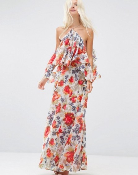 ASOS Beautiful Floral Ruffle Front Cold Shoulder Maxi Dress ~ off the shoulder style ~ long summer dresses ~ summer party ~ holiday fashion ~ bold flower prints ~ ruffled - flipped