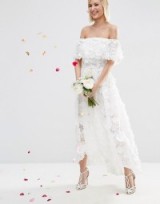 ASOS BRIDAL 3D Floral Dip Back Midi Prom Dress white ~ off the shoulder wedding dresses ~ summer weddings ~ 3D flowers ~ bardot neckline ~ dipped hem