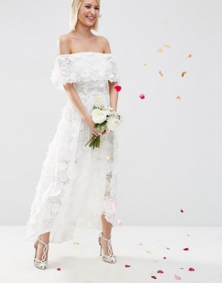 ASOS BRIDAL 3D Floral Dip Back Midi Prom Dress white ~ off the shoulder wedding dresses ~ summer weddings ~ 3D flowers ~ bardot neckline ~ dipped hem - flipped