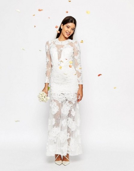 ASOS BRIDAL Lace 3D Floral Fishtail Maxi Dress white – glamorous wedding dresses – semi sheer gowns - flipped
