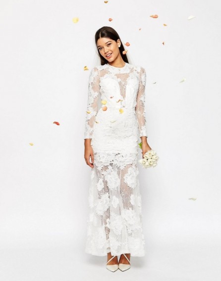ASOS BRIDAL Lace 3D Floral Fishtail Maxi Dress white – glamorous wedding dresses – semi sheer gowns