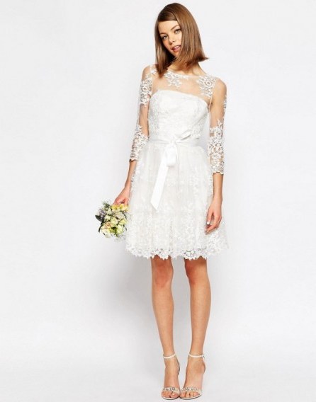 ASOS BRIDAL Long Sleeve Lace Mini Dress white – prom style wedding dresses – sheer sleeves - flipped