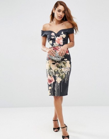 ASOS Dark Floral Off The Shoulder Bardot Hitchcock Midi Pencil Dress ~ party dresses ~ occasion fashion ~ summer parties - flipped