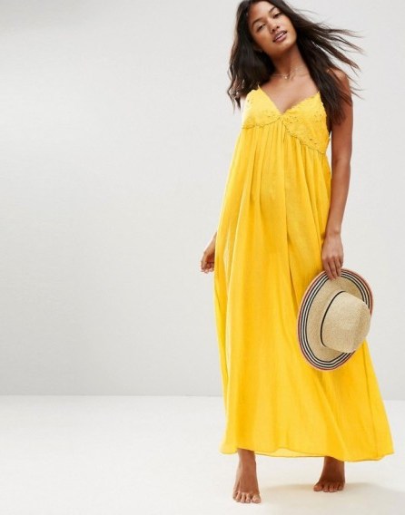 ASOS Lace Cup Babydoll Maxi Beach Dress mustard – beachwear – yellow beach dresses – poolside fashion – pool cover ups – long cover up – summer style – holiday clothing - flipped