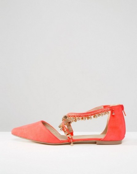 ASOS LUX Chain Detail Ballet Flats in hot coral. Flat shoes | faux suede footwear - flipped