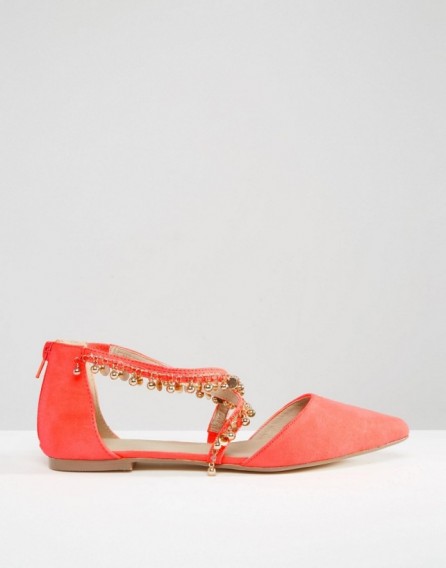 ASOS LUX Chain Detail Ballet Flats in hot coral. Flat shoes | faux suede footwear
