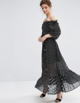 ASOS Off Shoulder Maxi Dress In Spot Print ~ boho style ~ long off the shoulder dresses ~ summer parties ~ holiday fashion