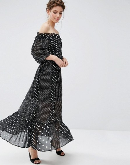 ASOS Off Shoulder Maxi Dress In Spot Print ~ boho style ~ long off the shoulder dresses ~ summer parties ~ holiday fashion - flipped