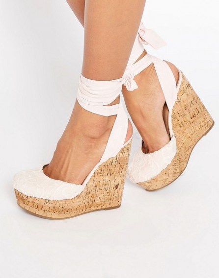 ASOS ORACLE Tie Leg Wedges in pale pink crochet. Summer wedges | holiday shoes | high heels | wedge heel | ankle ties - flipped