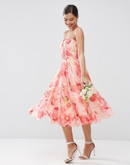 ASOS WEDDING Floral Printed Rouched Bandeau Mesh Midi Dress – summer occasion dresses – garden parties – bridesmaid fashion – strapless – fit and flare - flipped