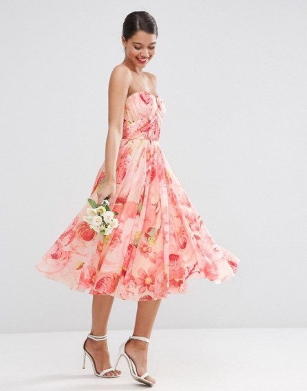 ASOS WEDDING Floral Printed Rouched Bandeau Mesh Midi Dress – summer occasion dresses – garden parties – bridesmaid fashion – strapless – fit and flare