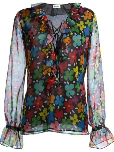 AU JOUR LE JOUR ~ semi sheer ruffled tie up neck floral print blouse. Designer fashion | ruffle blouses | feminine tops | chic style - flipped