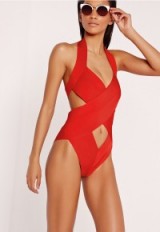 missguided bandage cut out swimsuit red – beachwear – chic swimsuits – poolside fashion – holiday accessories – one piece – halter – halterneck style swimwear
