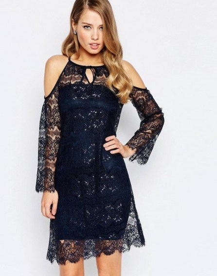 Body Frock Savanah Lace Off Shoulder Dress in Midnight ~ off the shoulder occasion dresses ~ navy blue ~ cold shoulder party fashion ~ feminine ~ summer ~ semi sheer - flipped