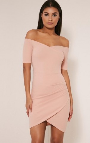 Pretty Little Thing Brandy Blush Bardot Ruched Side Bodycon Dress – party dresses – off the shoulder – affordable fashion – going out glamour - flipped