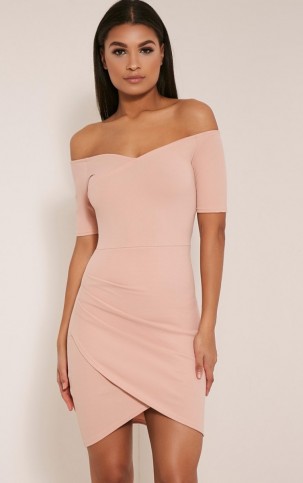 Pretty Little Thing Brandy Blush Bardot Ruched Side Bodycon Dress – party dresses – off the shoulder – affordable fashion – going out glamour