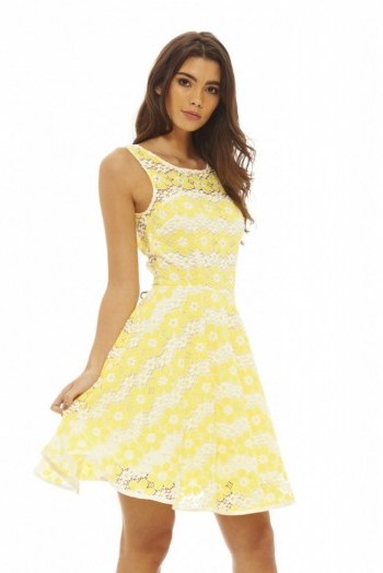 AX Paris BRIGHT CROCHET SKATER DRESS YELLOW – party dresses – fit and flare style – sleeveless – summer evenings – going out – evening fashion – feminine - flipped