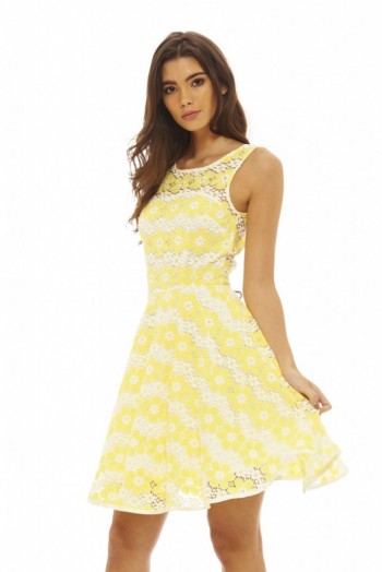 AX Paris BRIGHT CROCHET SKATER DRESS YELLOW – party dresses – fit and flare style – sleeveless – summer evenings – going out – evening fashion – feminine