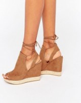 Call It Spring Wirewiel Wedge Sandal With Wrap Around Lace in cognac. Faux suede wedges | wedge heel | summer shoes | holiday high heels | ankle wraps | tan brown