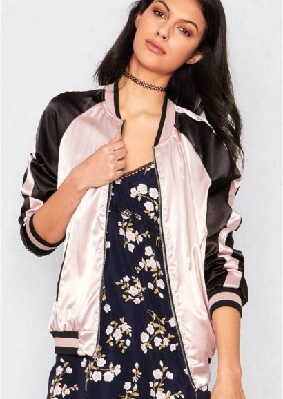 MISSY EMPIRE CALYPSO PINK AND GOLD REVERSIBLE BOMBER JACKET. Silky jackets | on trend fashion - flipped