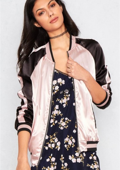 MISSY EMPIRE CALYPSO PINK AND GOLD REVERSIBLE BOMBER JACKET. Silky jackets | on trend fashion