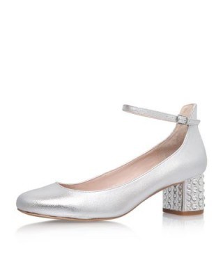 Carvela Kurt Geiger Guess Embellished Pumps silver – metallic Mary Janes – luxe style Mary Jane shoes – jewelled mid block heel – jewel embellished - flipped