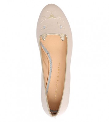 CHARLOTTE OLYMPIA Kitty satin ballerina flats in winter white. Cute flat shoes | designer footwear