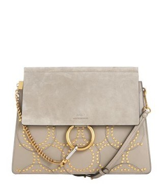 Chloé Medium Faye Stud Circles Shoulder Bag grey/gold – luxe handbags – designer bags – luxury accessories – leather & suede – 70s style chic - flipped