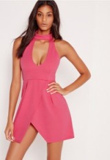 MISSGUIDED choker neck wrap scuba skater dress pink ~ hot pink party dresses ~ evening fashion ~ plunge front style ~ going out glamour