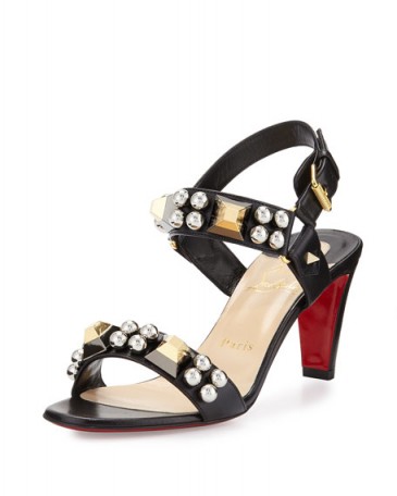 Christian Louboutin Pyrabubble Studded 70mm Red Sole Sandal – stud embellished sandals – silver bubble studs – designer summer shoes – chic holiday footwear – slingbacks – black leather – shoe envy