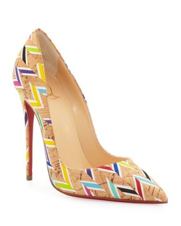 Christian Louboutin So Kate Chevron Cork Red Sole Pump multi-coloured – super high heels – designer shoes – stiletto heeled courts - flipped