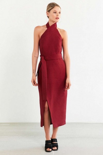 C/meo Collective Stand Still Dress in maroon – in the style of Jennifer Lopez (different colour) out in New York, 20 June 2016. Celebrity fashion | star style dresses | wrap around halter | dark red - flipped