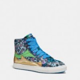 COACH ~ pointy toe high top sneaker with floral print and metallic leather. Sports luxe | multi-coloured sneakers | high tops | casual flats | flat shoes | luxury style trainers