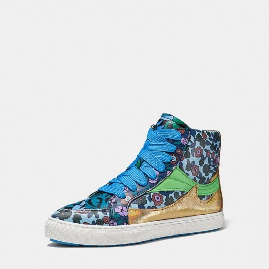 COACH ~ pointy toe high top sneaker with floral print and metallic leather. Sports luxe | multi-coloured sneakers | high tops | casual flats | flat shoes | luxury style trainers - flipped