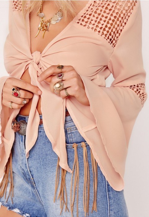 Missguided crochet insert tie front blouse nude – summer blouses – holiday fashion – boho style tops - flipped