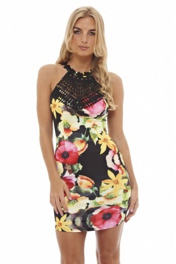 AX Paris CROCHET NECK BRIGHT FLORAL DRESS – party dresses – going out fashion – evening glamour – sleeveless – fitted – large flower prints - flipped