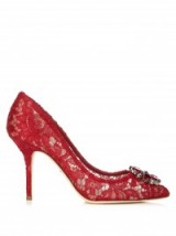 DOLCE & GABBANA Crystal-embellished lace pumps ~ red Italian shoes ~ chic high heels ~ feminine accessories ~ floral crystals ~ stylish footwear ~ occasion ~ event fashion ~ party courts