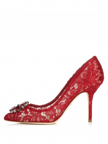 DOLCE & GABBANA Crystal-embellished lace pumps ~ red Italian shoes ~ chic high heels ~ feminine accessories ~ floral crystals ~ stylish footwear ~ occasion ~ event fashion ~ party courts - flipped
